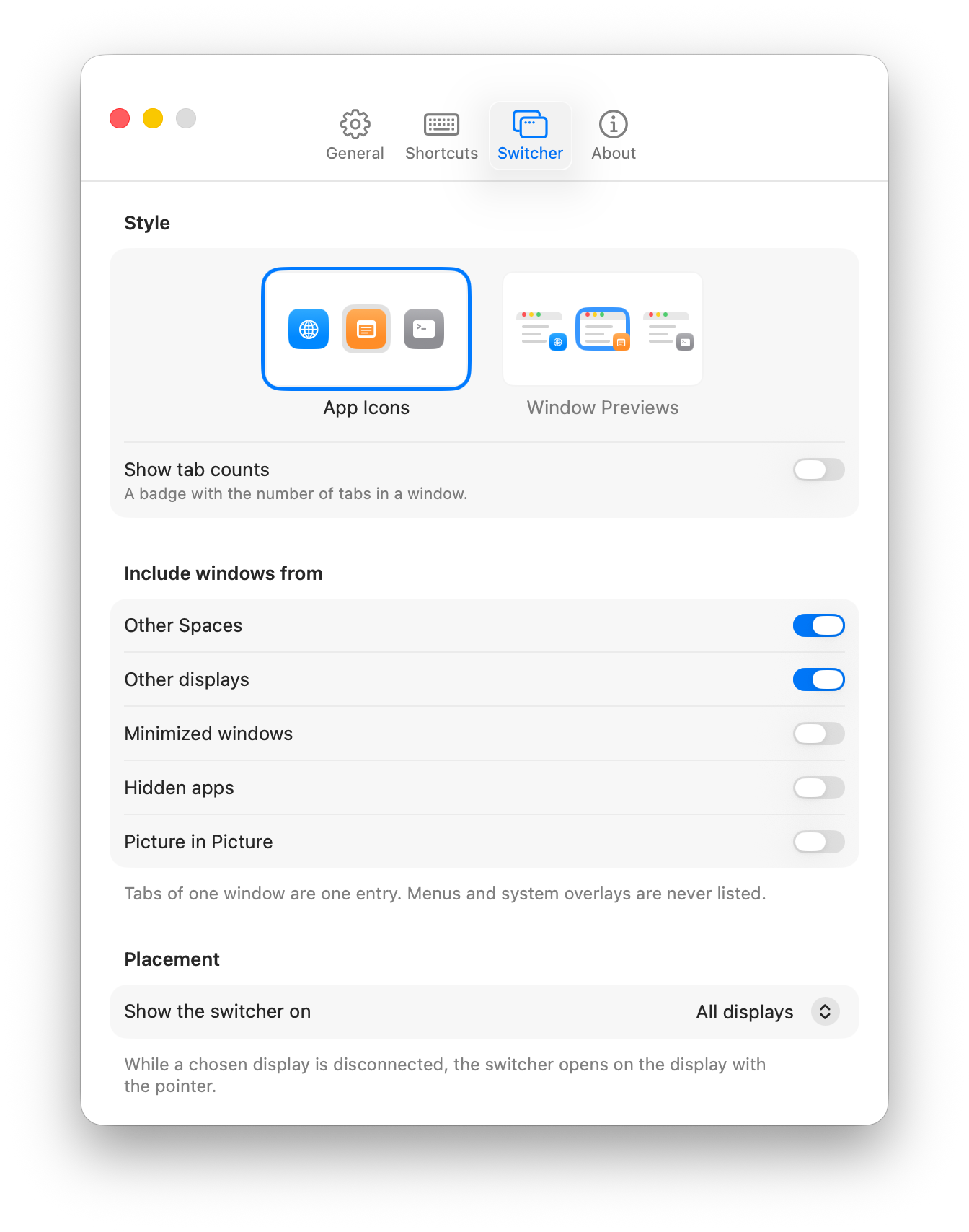 WindowHop Settings, Switcher pane: the App Icons and Window Previews styles, tab counts, the windows to include, and the display the switcher opens on