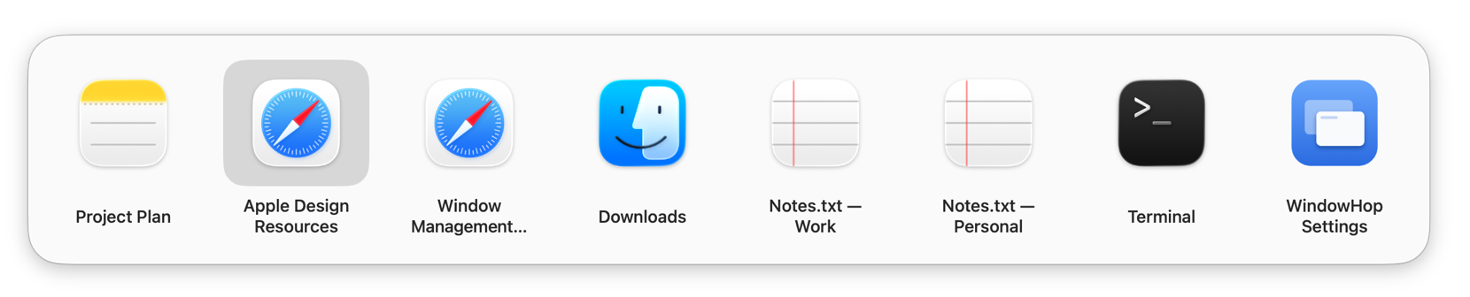 WindowHop in App Icons style: one row of large app icons with window titles, one selected