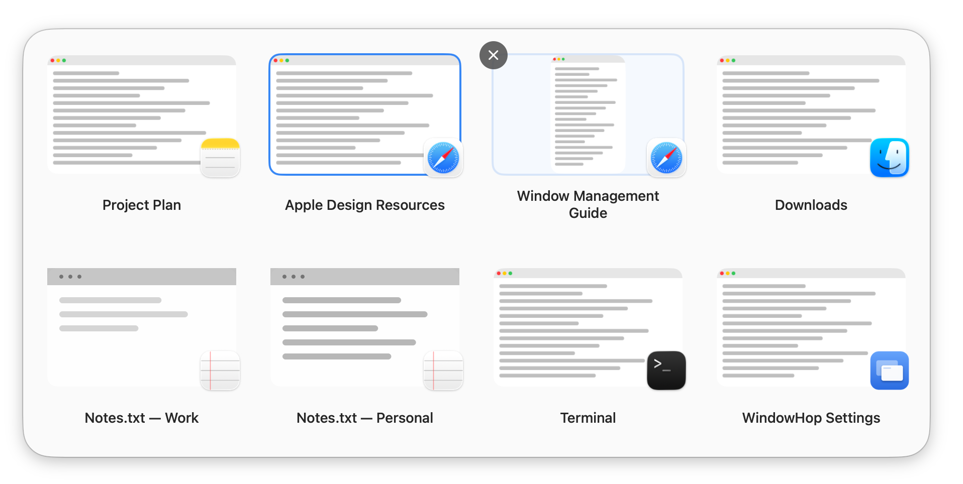 WindowHop in Window Previews style: eight window snapshots, each with its app icon in the corner, one selected